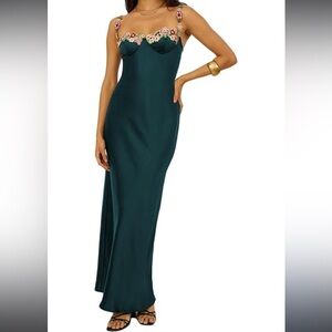 Realtix‎ Satin Silky Spaghetti Strap Floral Embroidered Slit Midi Dress NWT M